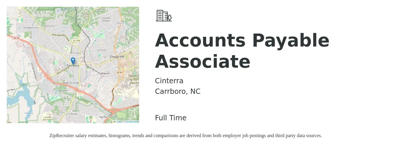 Cinterra job posting for a Accounts Payable Associate in Carrboro, NC with a salary of $17 to $22 Hourly with a map of Carrboro location.