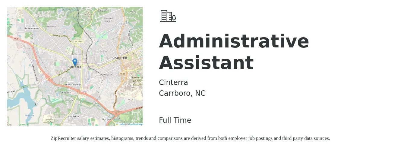Cinterra job posting for a Administrative Assistant in Carrboro, NC with a salary of $15 to $21 Hourly with a map of Carrboro location.
