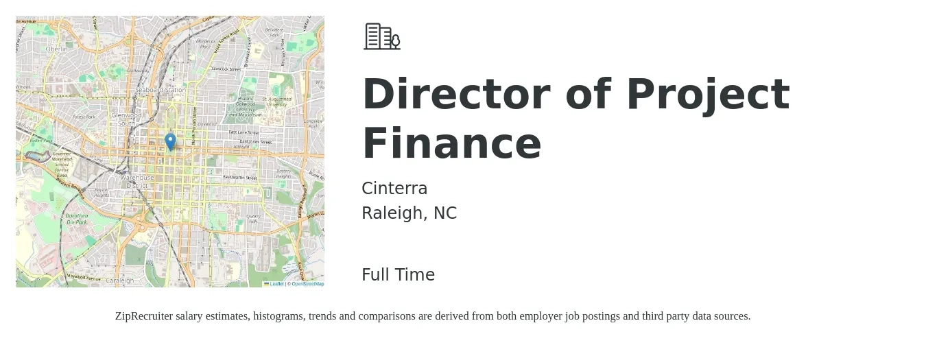 Cinterra job posting for a Director of Project Finance in Raleigh, NC with a salary of $97,700 to $148,700 Yearly with a map of Raleigh location.