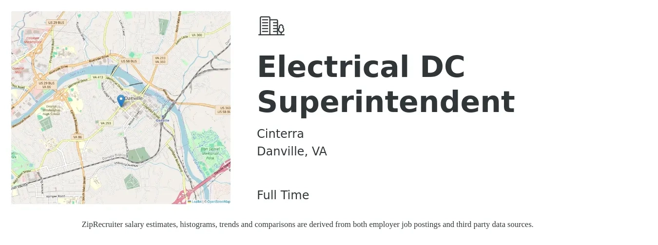 Cinterra job posting for a Electrical DC Superintendent in Danville, VA with a salary of $29 to $44 Hourly with a map of Danville location.