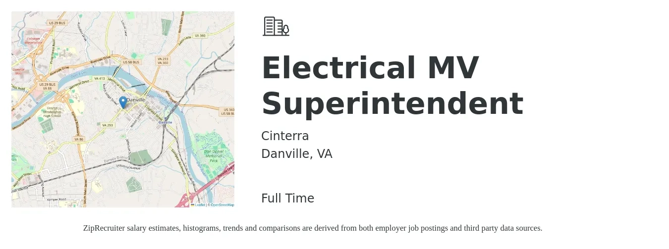 Cinterra job posting for a Electrical MV Superintendent in Danville, VA with a salary of $29 to $44 Hourly with a map of Danville location.