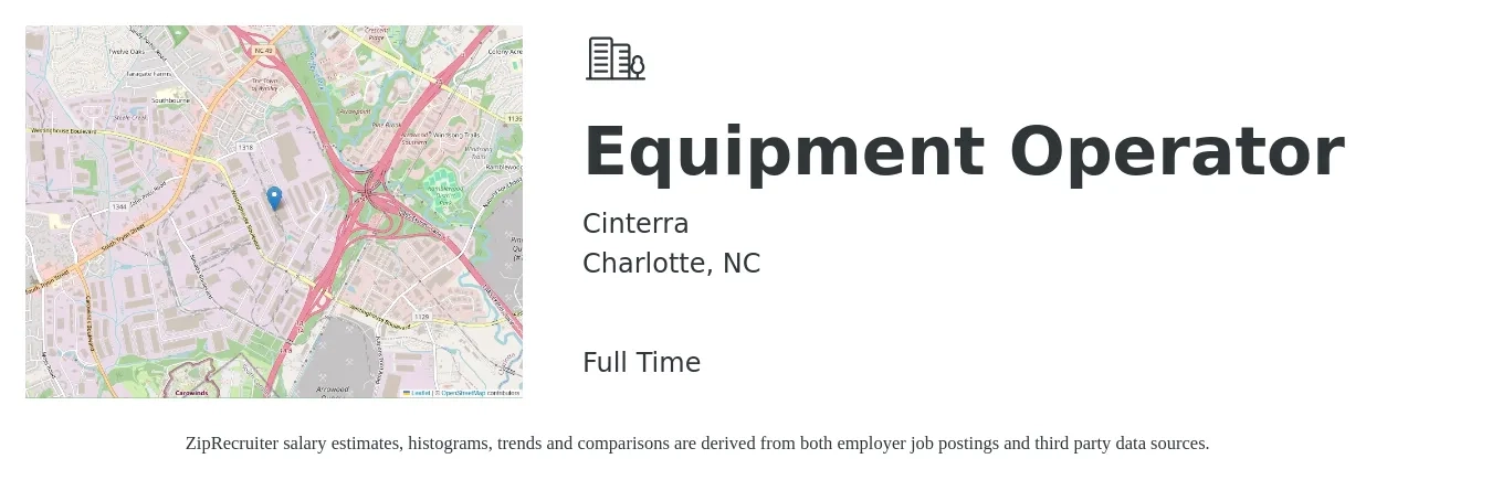 Cinterra job posting for a Equipment Operator in Charlotte, NC with a salary of $18 to $26 Hourly with a map of Charlotte location.