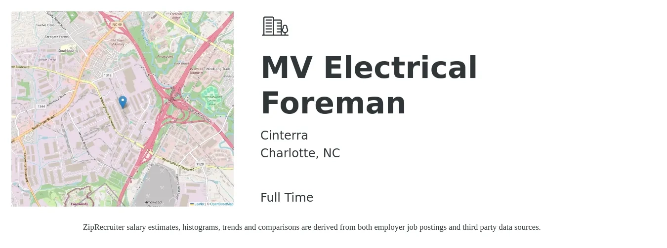 Cinterra job posting for a MV Electrical Foreman in Charlotte, NC with a salary of $31 to $46 Hourly with a map of Charlotte location.