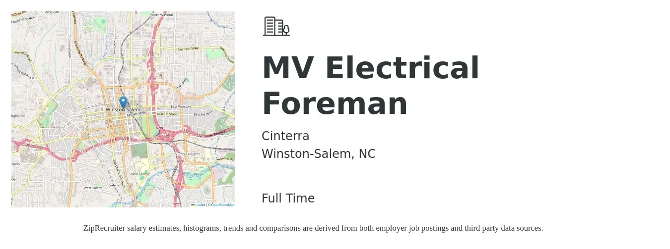 Cinterra job posting for a MV Electrical Foreman in Winston-Salem, NC with a salary of $29 to $44 Hourly with a map of Winston-Salem location.