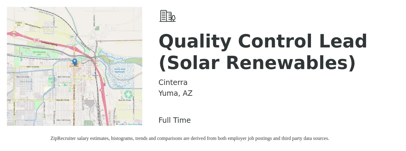 Cinterra job posting for a Quality Control Lead (Solar Renewables) in Yuma, AZ with a salary of $18 to $36 Hourly with a map of Yuma location.