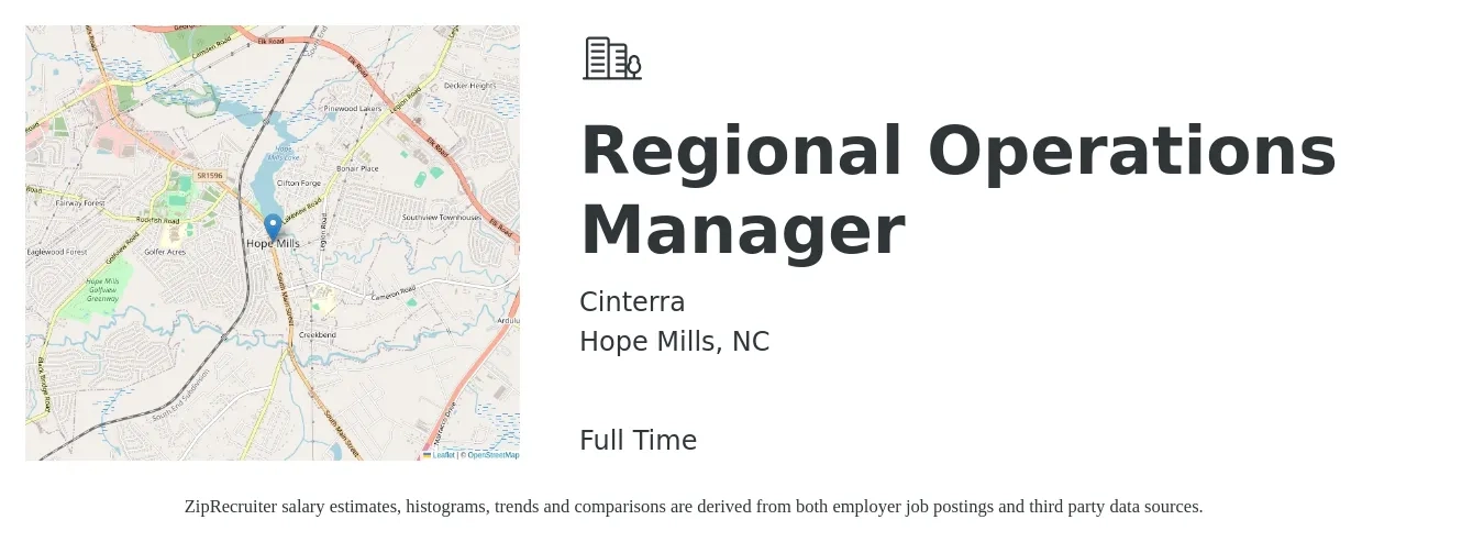 Cinterra job posting for a Regional Operations Manager in Hope Mills, NC with a salary of $64,700 to $103,500 Yearly with a map of Hope Mills location.