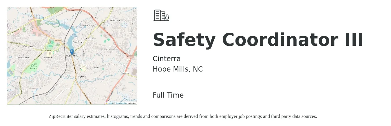 Cinterra job posting for a Safety Coordinator III in Hope Mills, NC with a salary of $23 to $36 Hourly with a map of Hope Mills location.