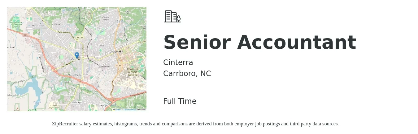 Cinterra job posting for a Senior Accountant in Carrboro, NC with a salary of $63,000 to $79,100 Yearly with a map of Carrboro location.