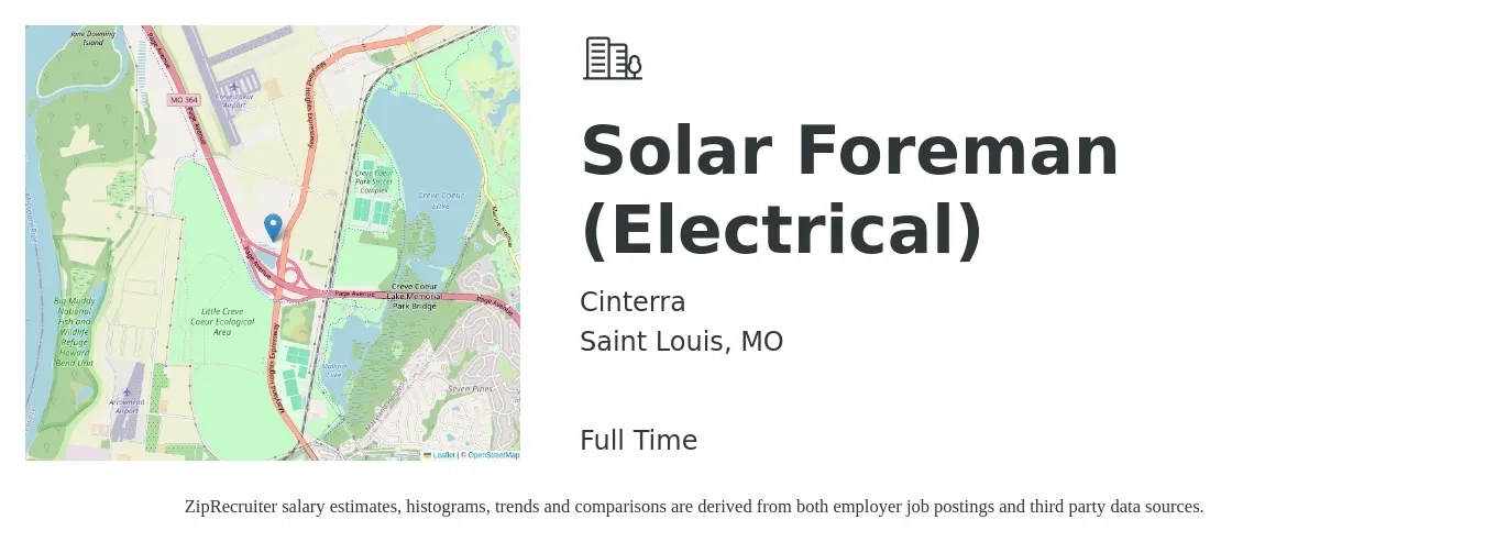 Cinterra job posting for a Solar Foreman (Electrical) in Saint Louis, MO with a salary of $30 to $46 Hourly with a map of Saint Louis location.