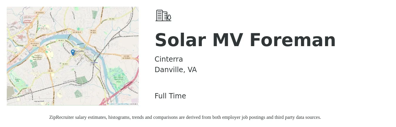 Cinterra job posting for a Solar MV Foreman in Danville, VA with a salary of $29 to $44 Hourly with a map of Danville location.