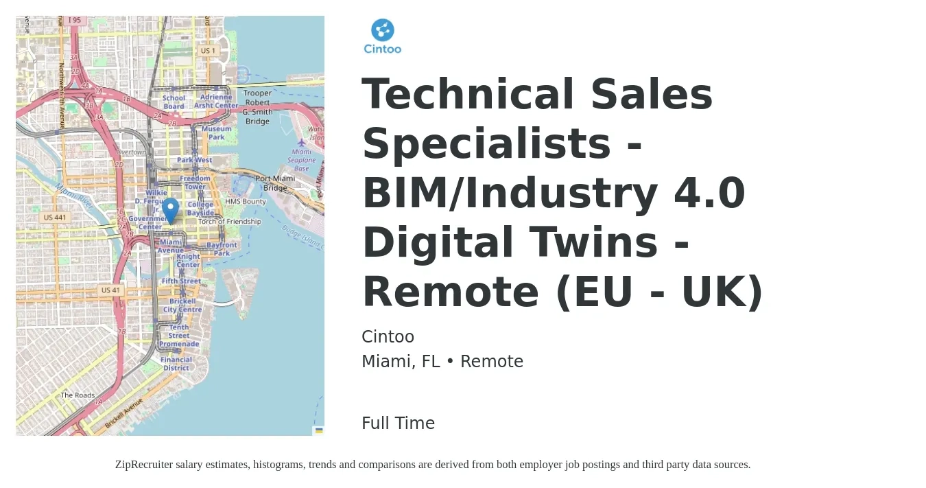 Cintoo job posting for a Technical Sales Specialists - BIM/Industry 4.0 Digital Twins - Remote (EU - UK) in Miami, FL with a salary of $55,000 to $88,000 Yearly with a map of Miami location.