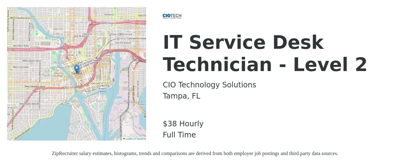 CIO Technology Solutions job posting for a IT Service Desk Technician - Level 2 in Tampa, FL with a salary of $40 Hourly with a map of Tampa location.