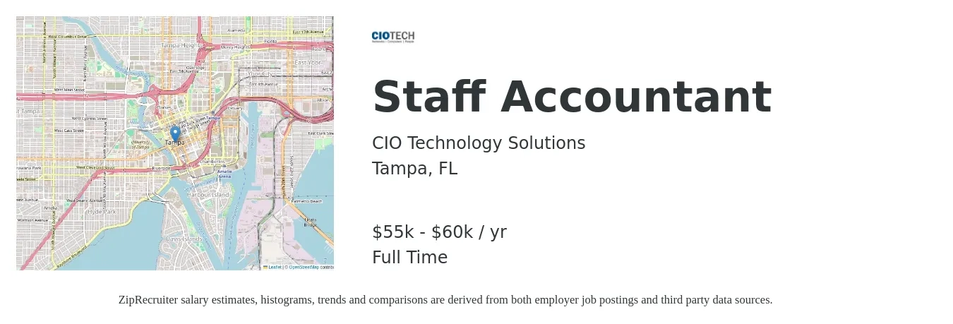 CIO Technology Solutions job posting for a Staff Accountant in Tampa, FL with a salary of $55,000 to $60,000 Yearly with a map of Tampa location.