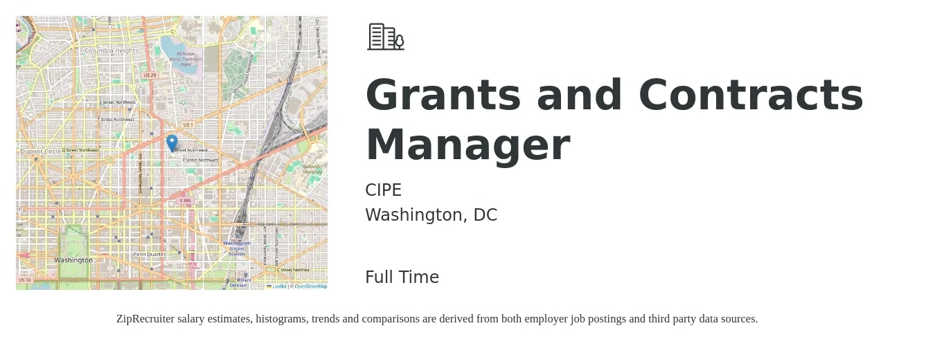 CIPE job posting for a Grants and Contracts Manager in Washington, DC with a salary of $70,000 to $97,000 Yearly with a map of Washington location.