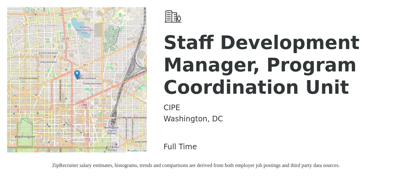 CIPE job posting for a Staff Development Manager, Program Coordination Unit in Washington, DC with a salary of $55,300 to $101,600 Yearly with a map of Washington location.