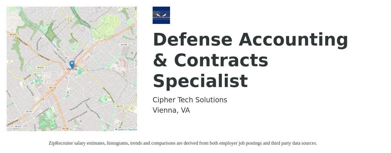 Cipher Tech Solutions job posting for a Defense Accounting & Contracts Specialist in Vienna, VA with a salary of $21 to $29 Hourly with a map of Vienna location.