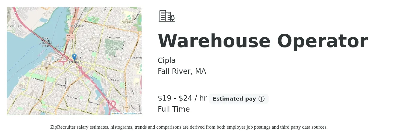 Cipla job posting for a Warehouse Operator in Fall River, MA with a salary of $20 to $25 Hourly with a map of Fall River location.
