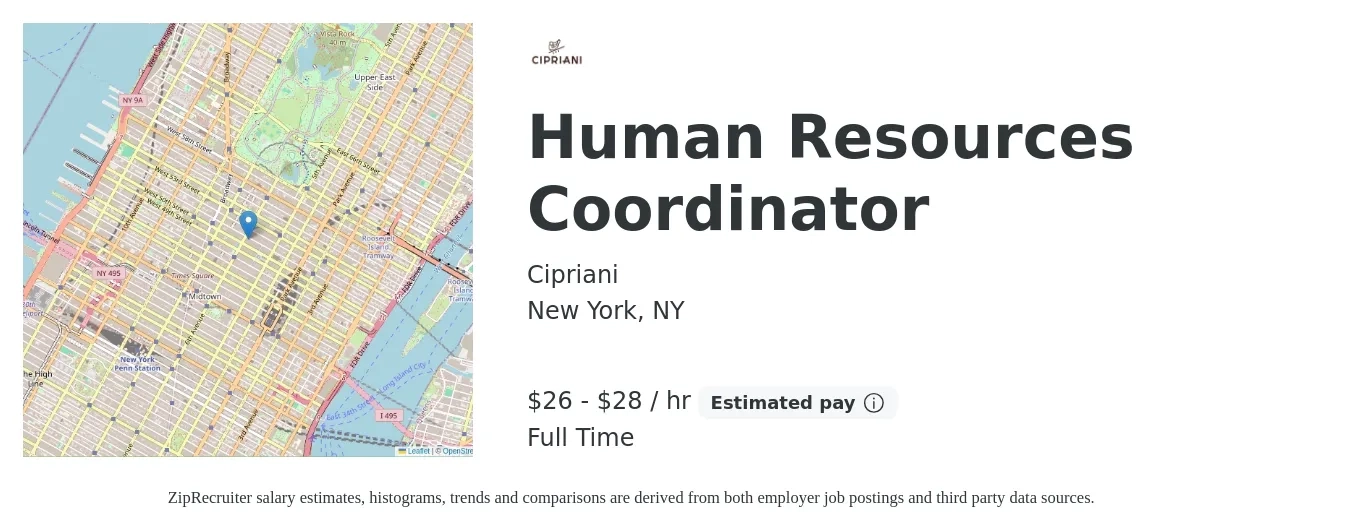 Cipriani job posting for a Human Resources Coordinator in New York, NY with a salary of $28 to $30 Hourly with a map of New York location.