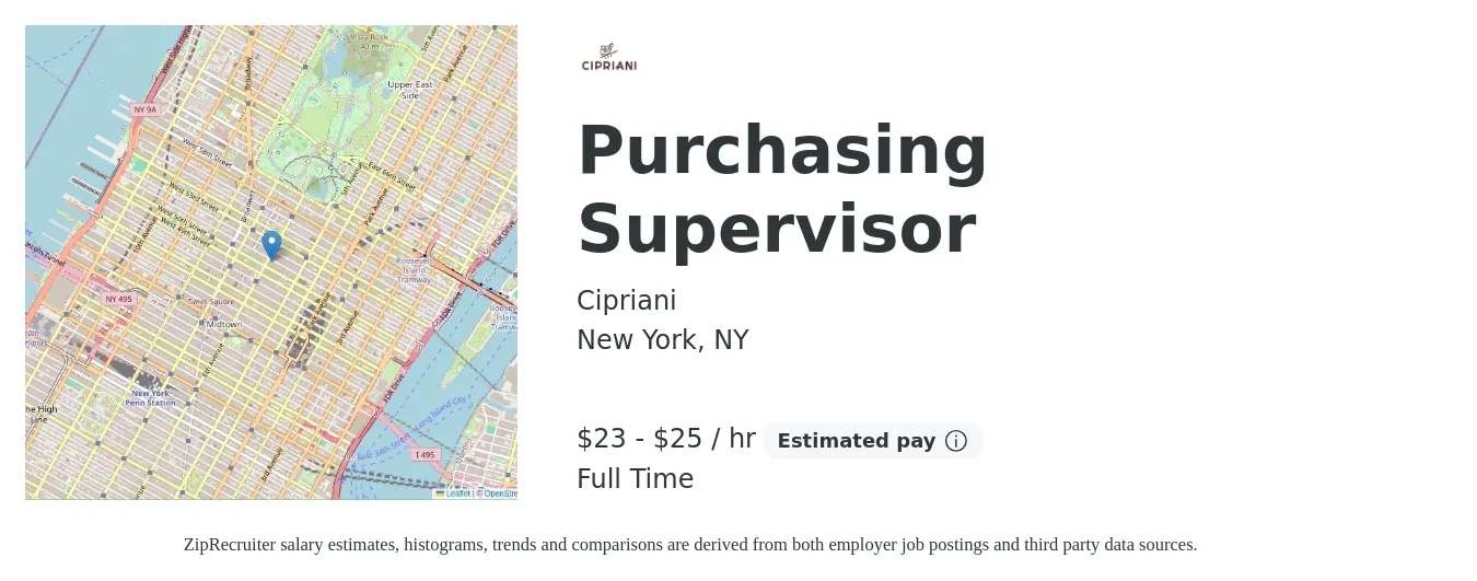 Cipriani job posting for a Purchasing Supervisor in New York, NY with a salary of $24 to $26 Hourly with a map of New York location.