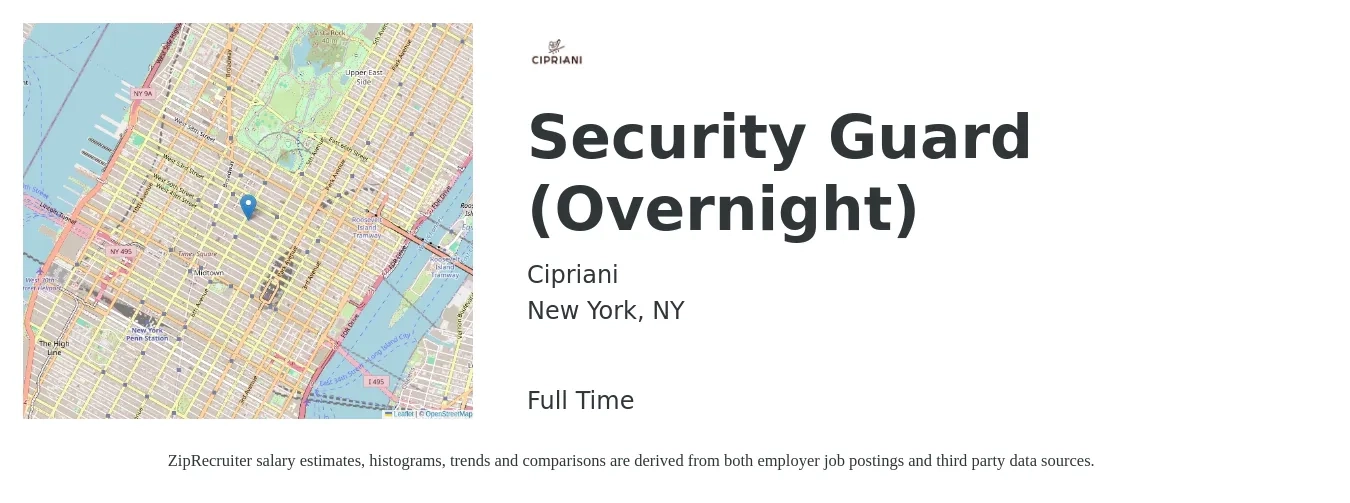Cipriani job posting for a Security Guard (Overnight) in New York, NY with a salary of $27 to $29 Hourly with a map of New York location.