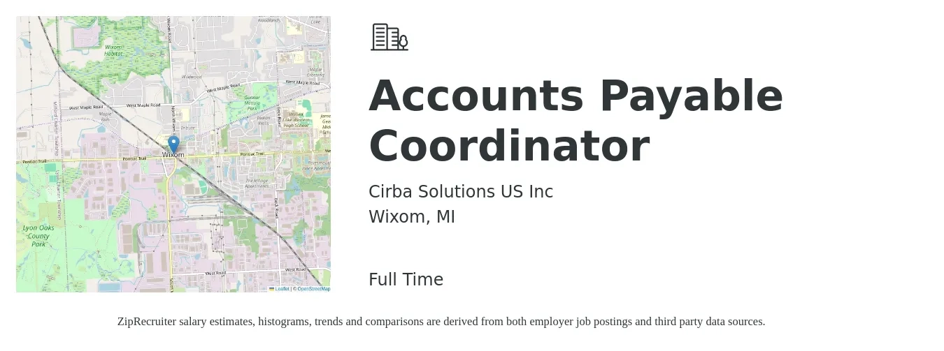 Cirba Solutions US Inc job posting for a Accounts Payable Coordinator in Wixom, MI with a salary of $20 to $26 Hourly with a map of Wixom location.