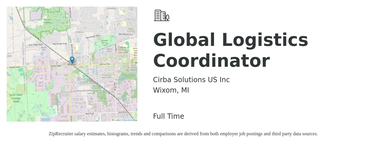 Cirba Solutions US Inc job posting for a Global Logistics Coordinator in Wixom, MI with a salary of $19 to $25 Hourly with a map of Wixom location.
