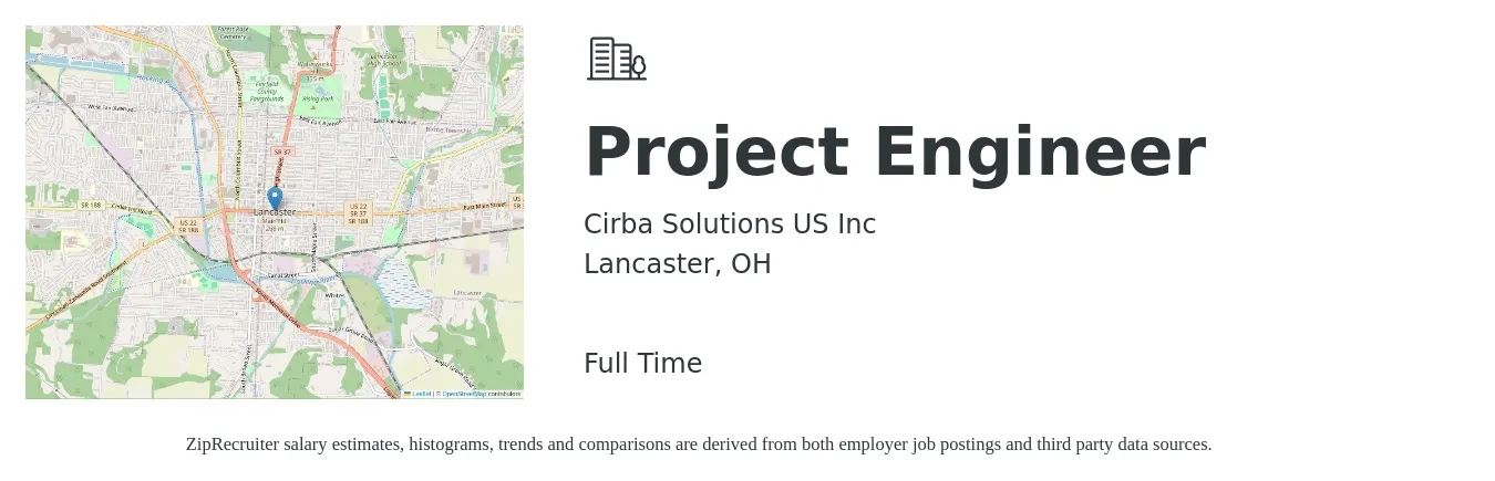 Cirba Solutions US Inc job posting for a Project Engineer in Lancaster, OH with a salary of $67,600 to $94,500 Yearly with a map of Lancaster location.