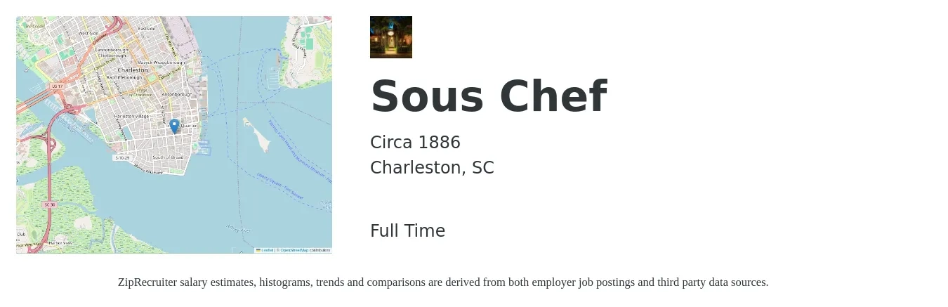 Circa 1886 job posting for a Sous Chef in Charleston, SC with a salary of $46,800 to $63,200 Yearly with a map of Charleston location.