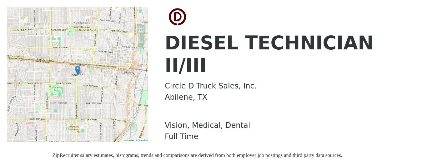 Circle D Truck Sales, Inc. job posting for a DIESEL TECHNICIAN II/III in Abilene, TX with a salary of $26 to $36 Hourly and benefits including retirement, vision, dental, life_insurance, and medical with a map of Abilene location.