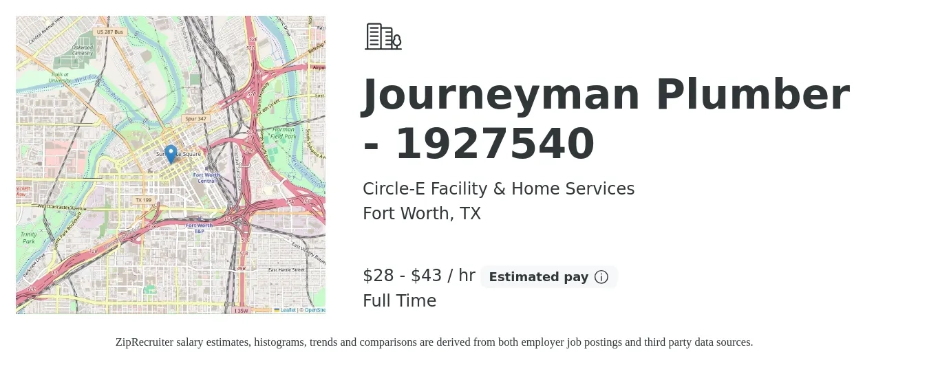 Circle-E Facility & Home Services job posting for a Journeyman Plumber - 1927540 in Fort Worth, TX with a salary of $30 to $45 Hourly with a map of Fort Worth location.