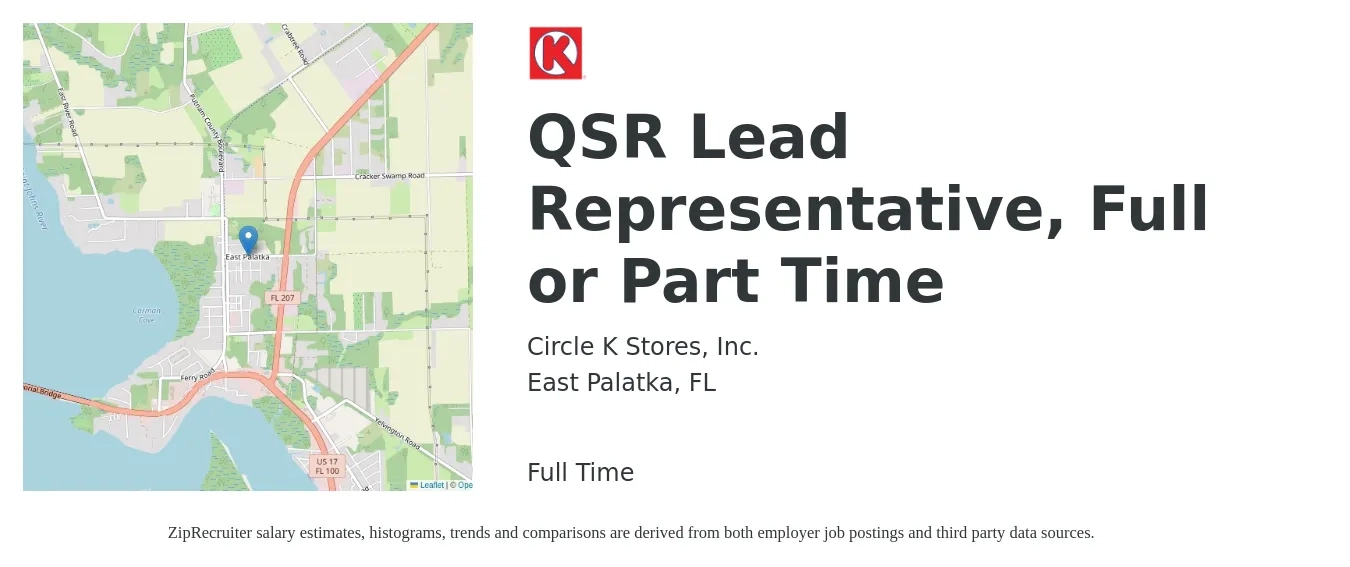 Circle K Stores, Inc. job posting for a QSR Lead Representative, Full or Part Time in East Palatka, FL with a salary of $12 to $16 Hourly with a map of East Palatka location.
