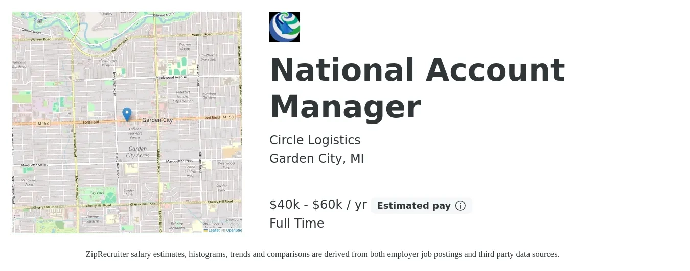 Circle Logistics job posting for a National Account Manager in Garden City, MI with a salary of $40,000 to $60,000 Yearly with a map of Garden City location.