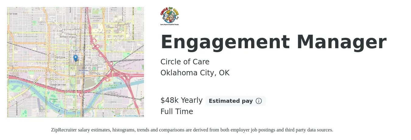 Circle of Care job posting for a Engagement Manager in Oklahoma City, OK with a salary of $48,000 Yearly with a map of Oklahoma City location.