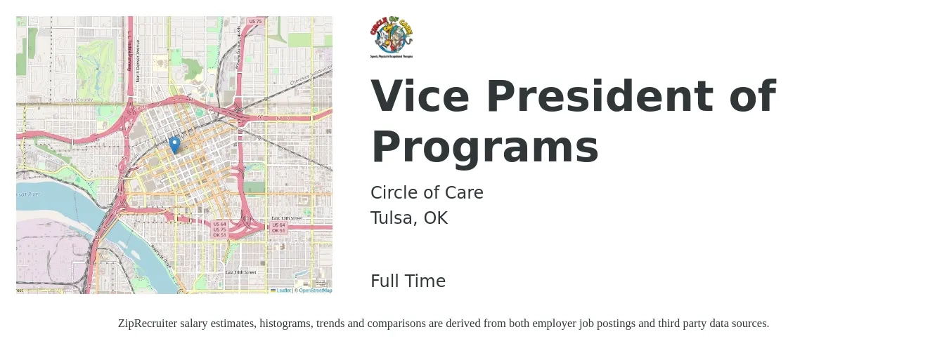 Circle of Care job posting for a Vice President of Programs in Tulsa, OK with a salary of $85,000 Yearly with a map of Tulsa location.