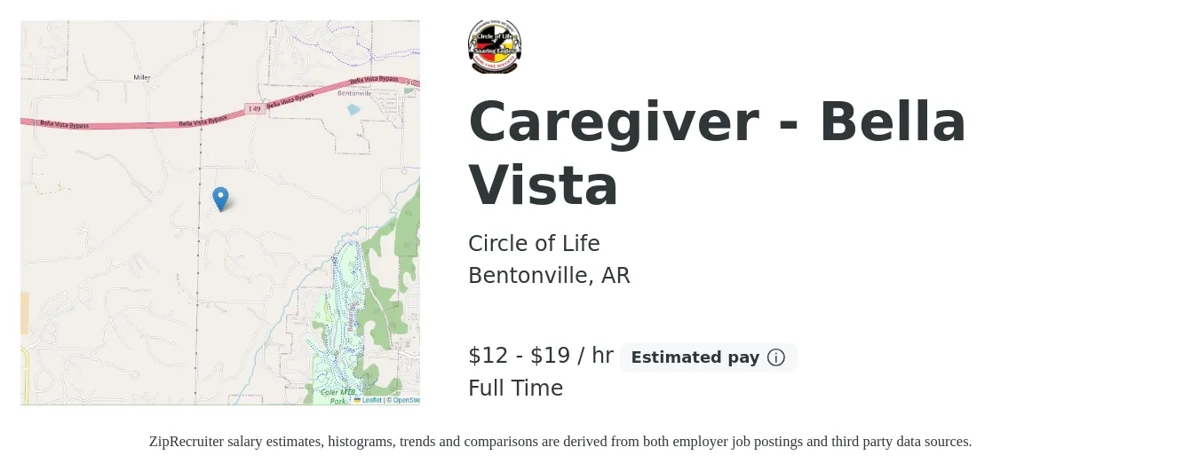 Circle of Life job posting for a Caregiver - Bella Vista in Bentonville, AR with a salary of $13 to $20 Hourly with a map of Bentonville location.