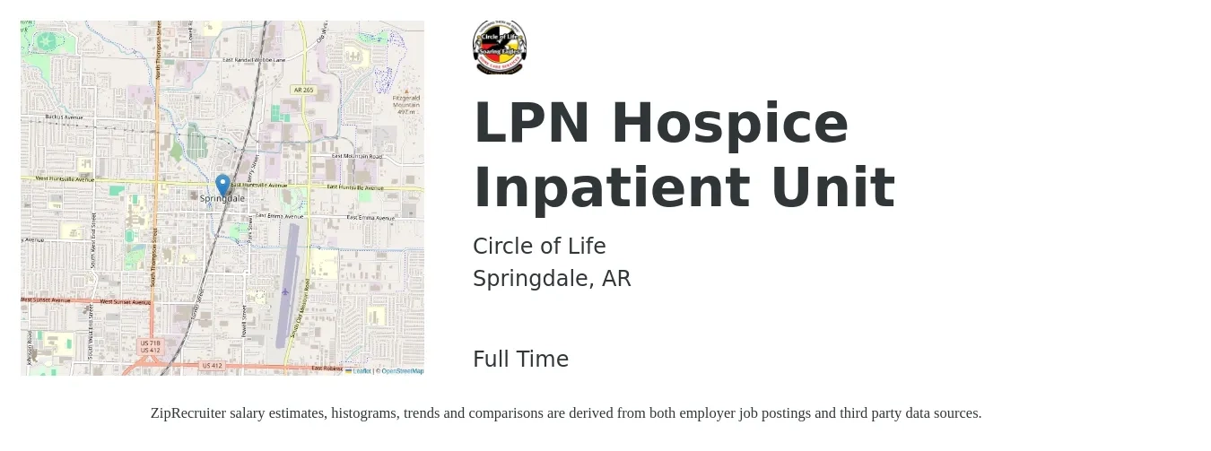 Circle of Life job posting for a LPN Hospice Inpatient Unit in Springdale, AR with a salary of $23 to $31 Hourly with a map of Springdale location.