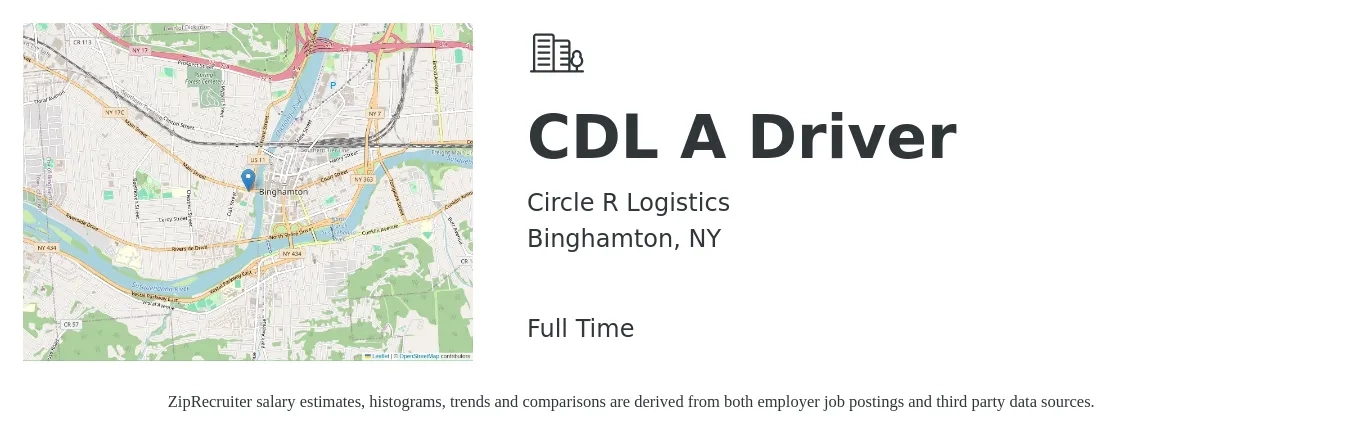 Circle R Logistics job posting for a CDL A Driver in Binghamton, NY with a salary of $1,600 Weekly with a map of Binghamton location.