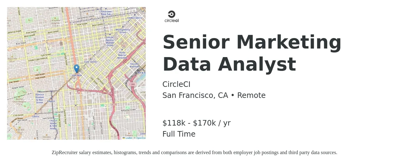 CircleCI job posting for a Senior Marketing Data Analyst in San Francisco, CA with a salary of $118,000 to $170,000 Yearly with a map of San Francisco location.