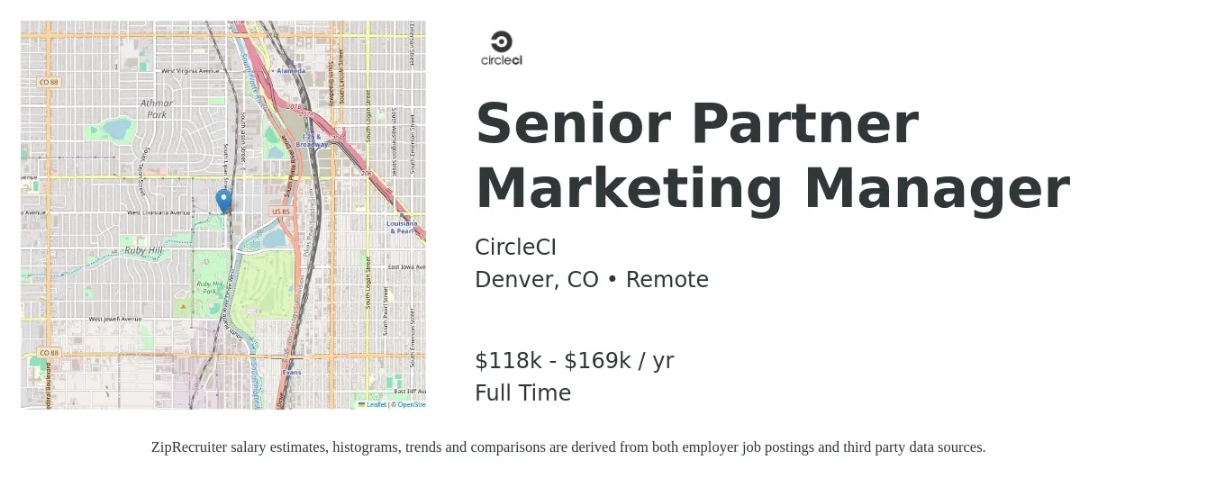 CircleCI job posting for a Senior Partner Marketing Manager in Denver, CO with a salary of $118,000 to $169,000 Yearly with a map of Denver location.