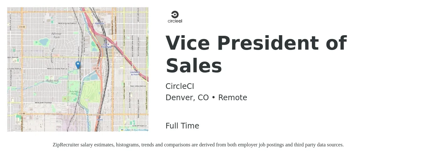 CircleCI job posting for a Vice President of Sales in Denver, CO with a salary of $128,700 to $200,700 Yearly with a map of Denver location.