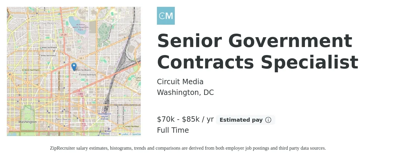 Circuit Media job posting for a Senior Government Contracts Specialist in Washington, DC with a salary of $70,000 to $85,000 Yearly with a map of Washington location.