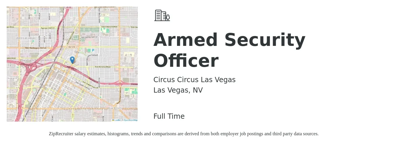 Circus Circus Las Vegas job posting for a Armed Security Officer in Las Vegas, NV with a salary of $17 to $21 Hourly with a map of Las Vegas location.