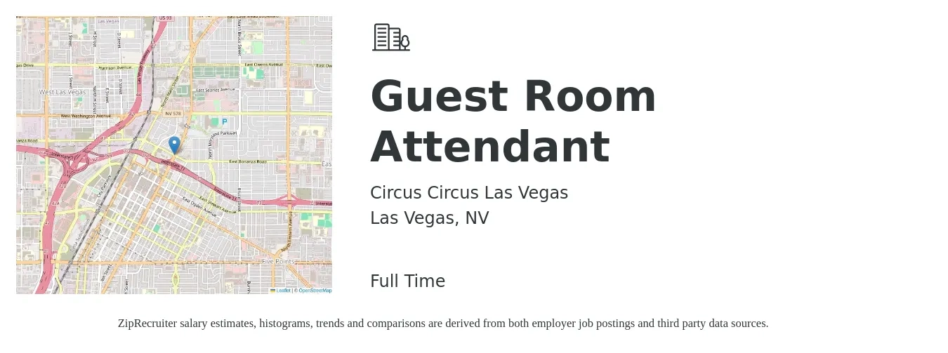 Circus Circus Las Vegas job posting for a Guest Room Attendant in Las Vegas, NV with a salary of $14 to $17 Hourly with a map of Las Vegas location.