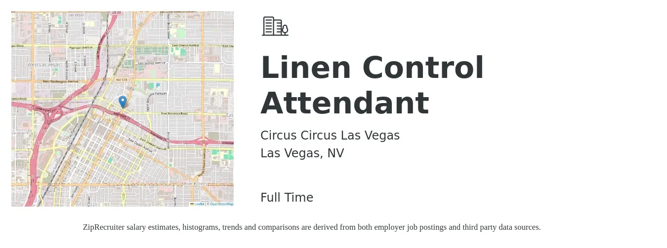 Circus Circus Las Vegas job posting for a Linen Control Attendant in Las Vegas, NV with a salary of $14 to $17 Hourly with a map of Las Vegas location.