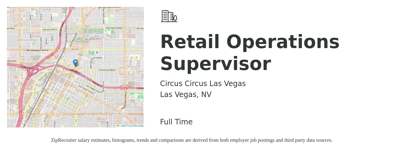 Circus Circus Las Vegas job posting for a Retail Operations Supervisor in Las Vegas, NV with a salary of $17 to $24 Hourly with a map of Las Vegas location.