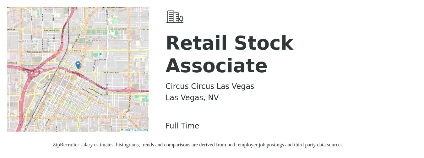 Circus Circus Las Vegas job posting for a Retail Stock Associate in Las Vegas, NV with a salary of $14 to $17 Hourly with a map of Las Vegas location.