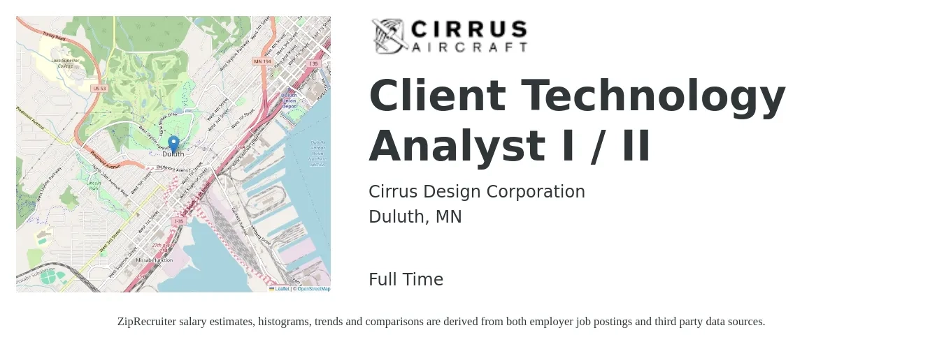 Cirrus Design Corporation job posting for a Client Technology Analyst I / II in Duluth, MN with a salary of $56,600 to $63,600 Yearly with a map of Duluth location.