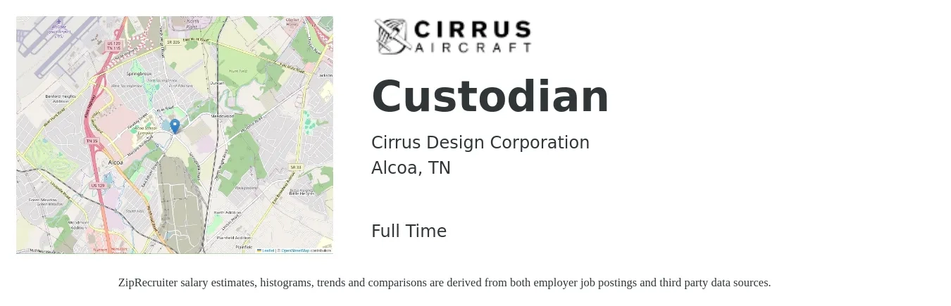 Cirrus Design Corporation job posting for a Custodian in Alcoa, TN with a salary of $12 to $16 Hourly with a map of Alcoa location.