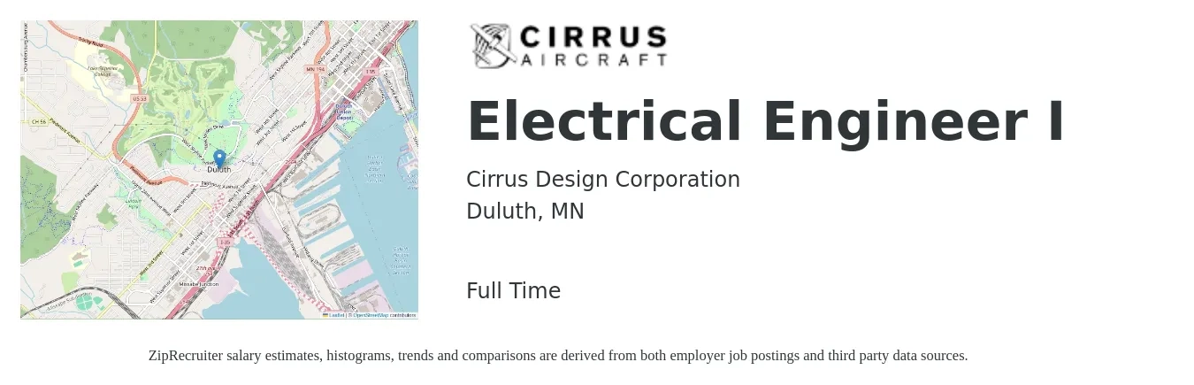 Cirrus Design Corporation job posting for a Electrical Engineer I in Duluth, MN with a salary of $82,500 to $131,200 Yearly with a map of Duluth location.