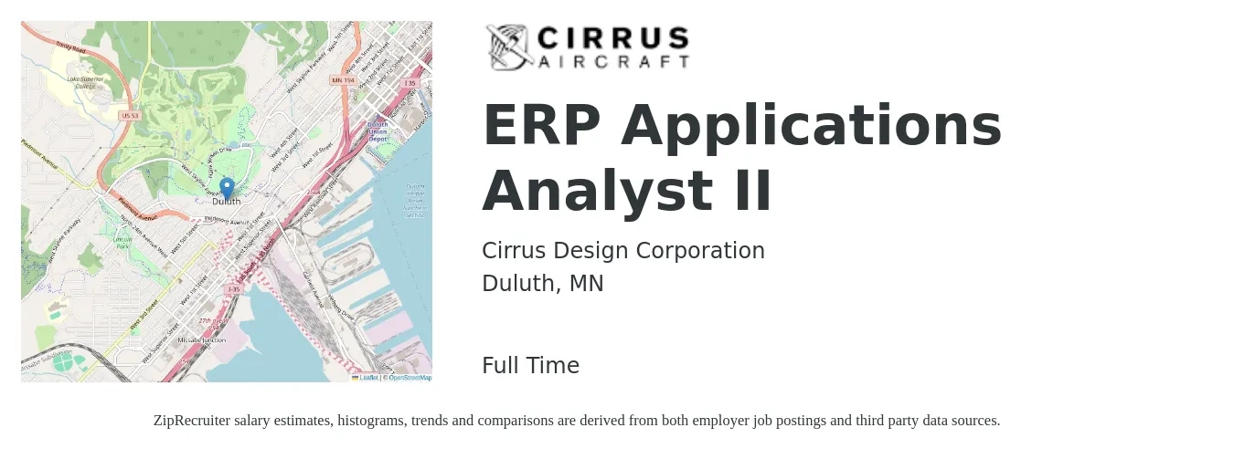 Cirrus Design Corporation job posting for a ERP Applications Analyst II in Duluth, MN with a salary of $37 to $77 Hourly with a map of Duluth location.